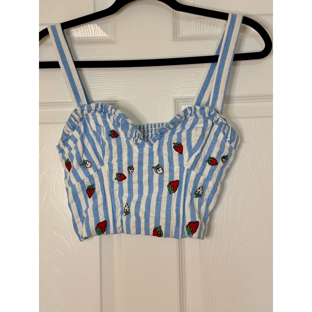 Maeve Anthropology Strawberry Crop Top XS Blue White Striped Bustier Ruffle